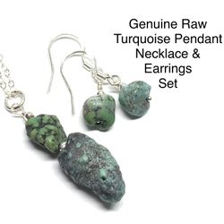 Turquoise Genuine Stone .925 Sterling Silver Pendant Necklace & Earrings Set