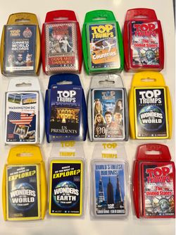 This Top Trumps card game lot includes various themes such as Harry Potter, earth Wonders, world wonder, US Presidents, and Guinness World Records, AN