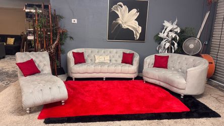 Beautiful Grey Tufted Couch, Loveseat & Chaise Living Room Set - Delivery Available