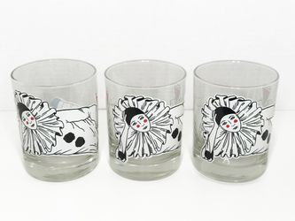 Set of 3 Vintage 1980s Tastesetter Pierrot Clown Glass Old-Fashioned Whiskey Tumblers