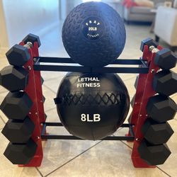 Set Dumbells, Slam Ball Wall Ball 150 Lbs Rubber Dumbells 20 Lbs Slam Ball 8 Lbs Wall Ball All 📦