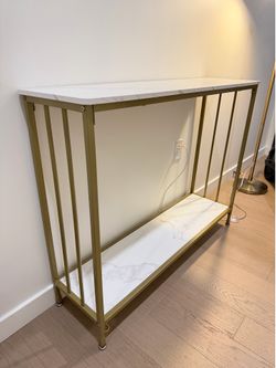 White Faux Marble Gold Metal Legs Console