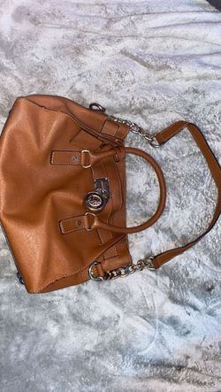 brown leather Michael Kors Hamilton Satchel with silver-tone hardware