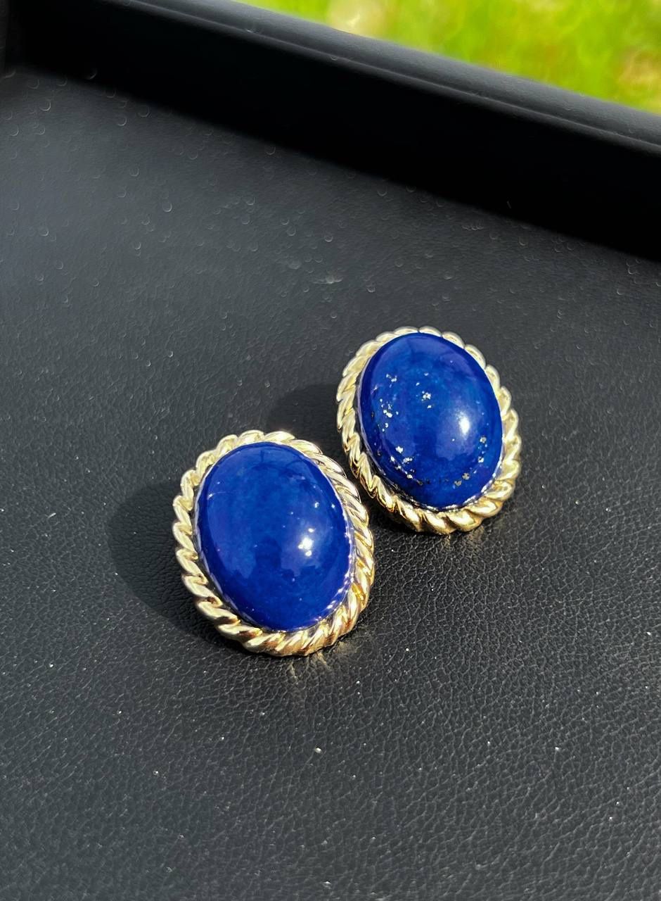 VINTAGE 14K YELLOW GOLD GENUINE LAPIS POST & CLIP EARRINGS 11 GRAM