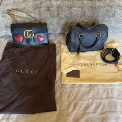 $2500=2 LEATHER purses Gucci & Louis Vuitton limited black hearts BLUE GOLDEN dust bags Genuine