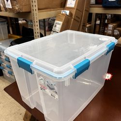 80 Quart Gasket Box, Weather-Resistant Large Clear Storage Bin with Latch Lid, Blue, New 