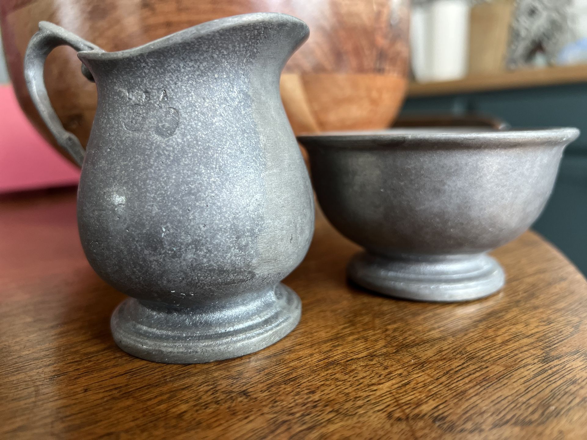 Vintage Pewter Cream And Sugar Bowl Set