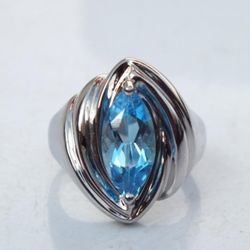 Sterling Silver Blue Topaz Marquise Cut Birthstone Ring, Size 9