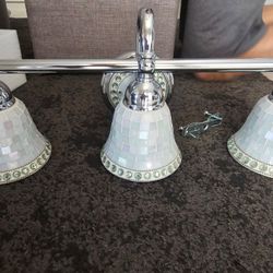 Used Chrome 3-Light Vanity Fixture with Iridescent Mosaic Tile Shades