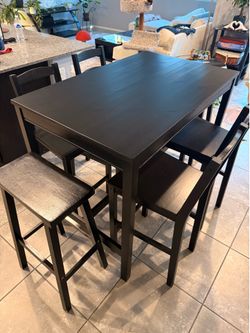 Black Countertop Dining Table Furniture Set - 4 Wood Chairs & 2 Stools