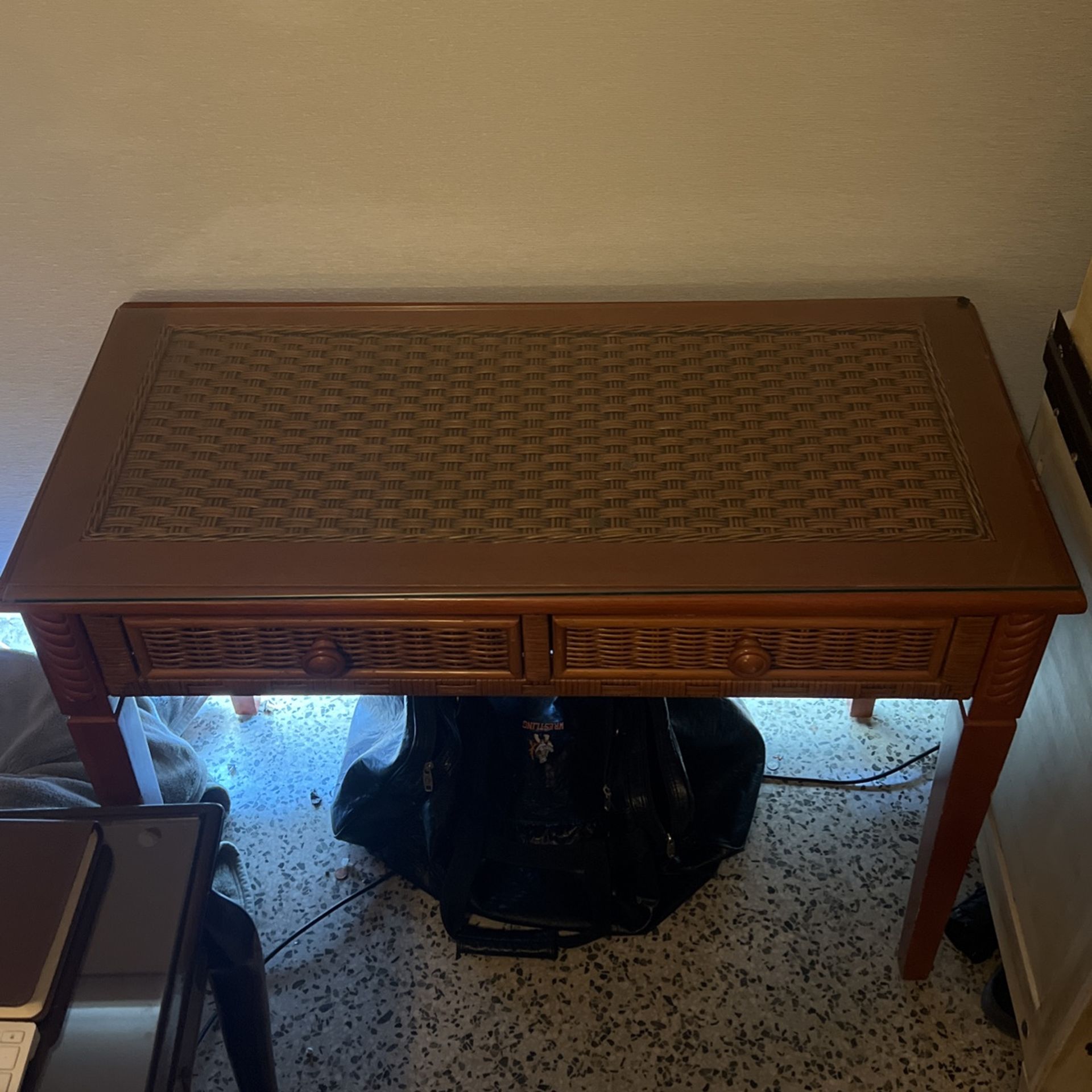 Glass Top Wicker Desk