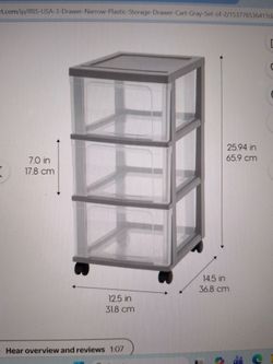 3-Drawer Narrow Plastic Storage Drawer Cart, Gray,