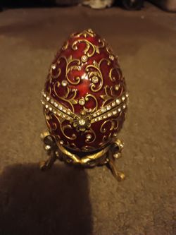 FABERGE Egg Style Red / Gold, Rhinestones Hinged Christmas tree Music Box With Stand