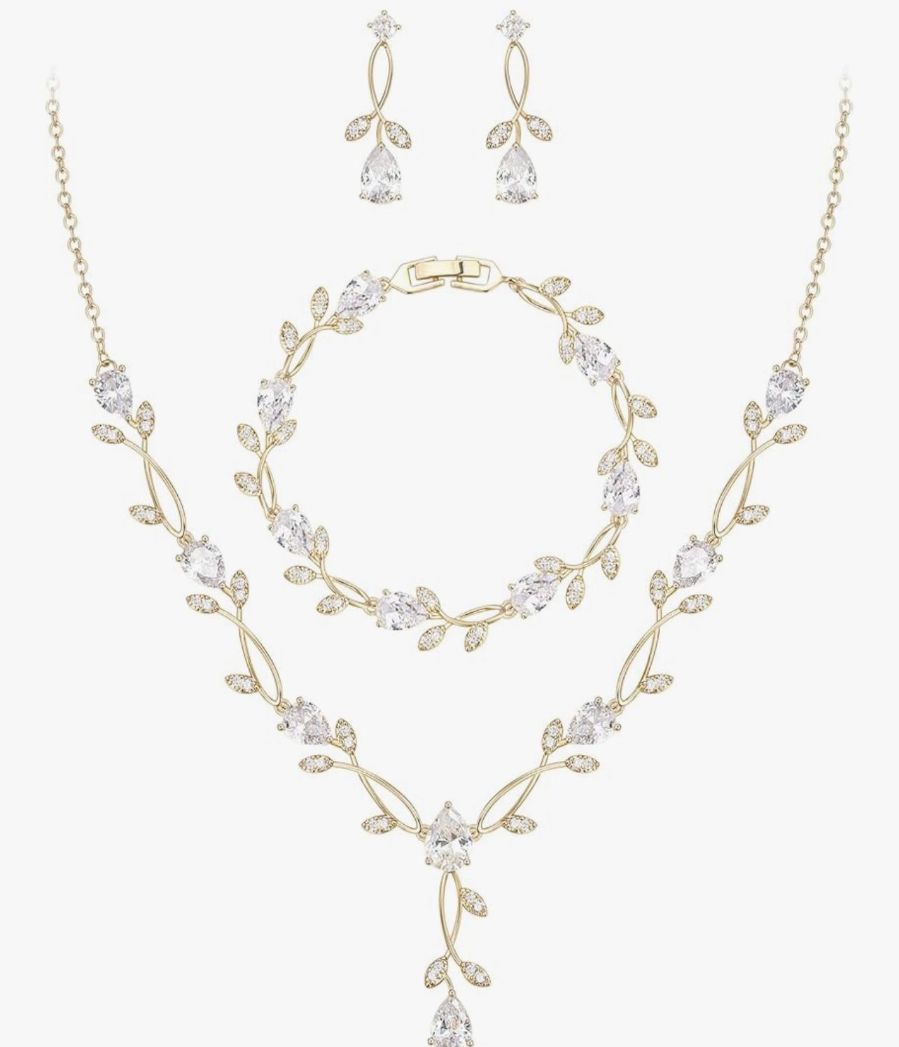 Bridal Cubic Zirconia Jewelry Set Leaf Vine Pendant Necklace Earrings Set for Br