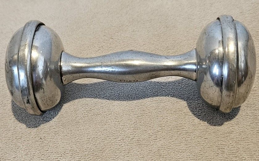RARE Gorgeous Antique WEB PEWTER Baby Barbell/Dumbbell Shaped Baby Rattle 4 1/4"


