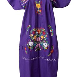 Traditional Mexican Dress PURPLE Embroidered Floral Pattern Handmade Puebla Dresses Medium