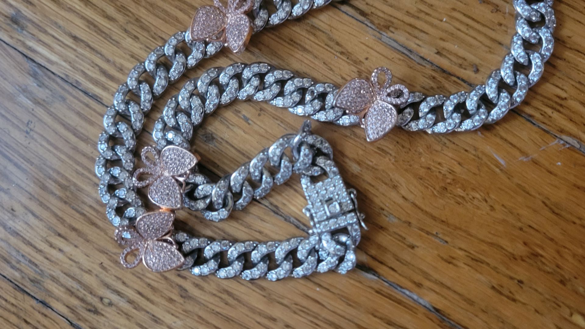 Iced cuban link necklace with pretty pink butterflies
