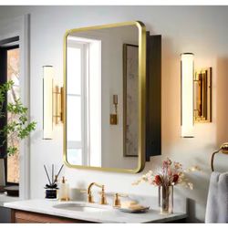 Dovelina 16 in. W x 24 in. H Rectangle Gold Recessed/Surface Mount Medicine Cabinet with Mirror @pal-515
