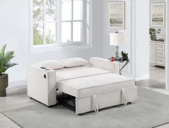 👑  Loveseat Sofa Bed, Beige Color, Corduroy Fabric, Cup Holders, New in the Box.