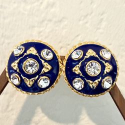 Vintage Gold Tone Blue Enamel Rhinestone Clip Earrings Statement