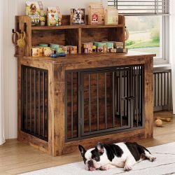 Dog Crate Furniture, Wooden Heavy Duty Dog Kennl with Storage and 4 Hooks, Dog Furniture for Small Medium Size, Decorative Pet Crate for Indoor