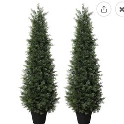 LOMANTO Outdoor Artificial Topiary Cedar Tree 2Pack Fake Tree 4Ft UV Rated Potted Plants for Porch Decor Faux Pine Plant for Housewarming