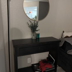 Modern Black Console Table & Gold Round Mirror Entryway Set