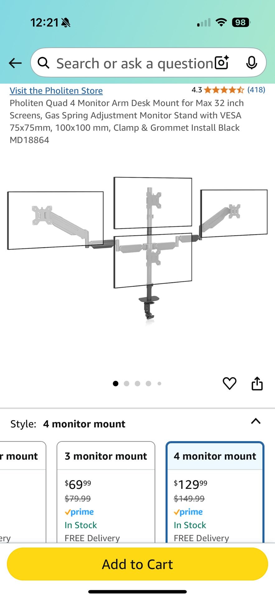 Pholiten Quad 4 Monitor Arm Desk Mount ,Computer Mount