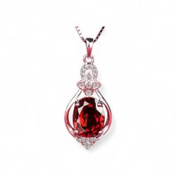 925 Sterling Silver Natural Garnet Teardrop Pendant Necklace 