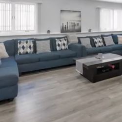 2 Blue L Shape Sofa Sets With Pillows  And White Top Grain Leather Sofa And Loveseat Setr