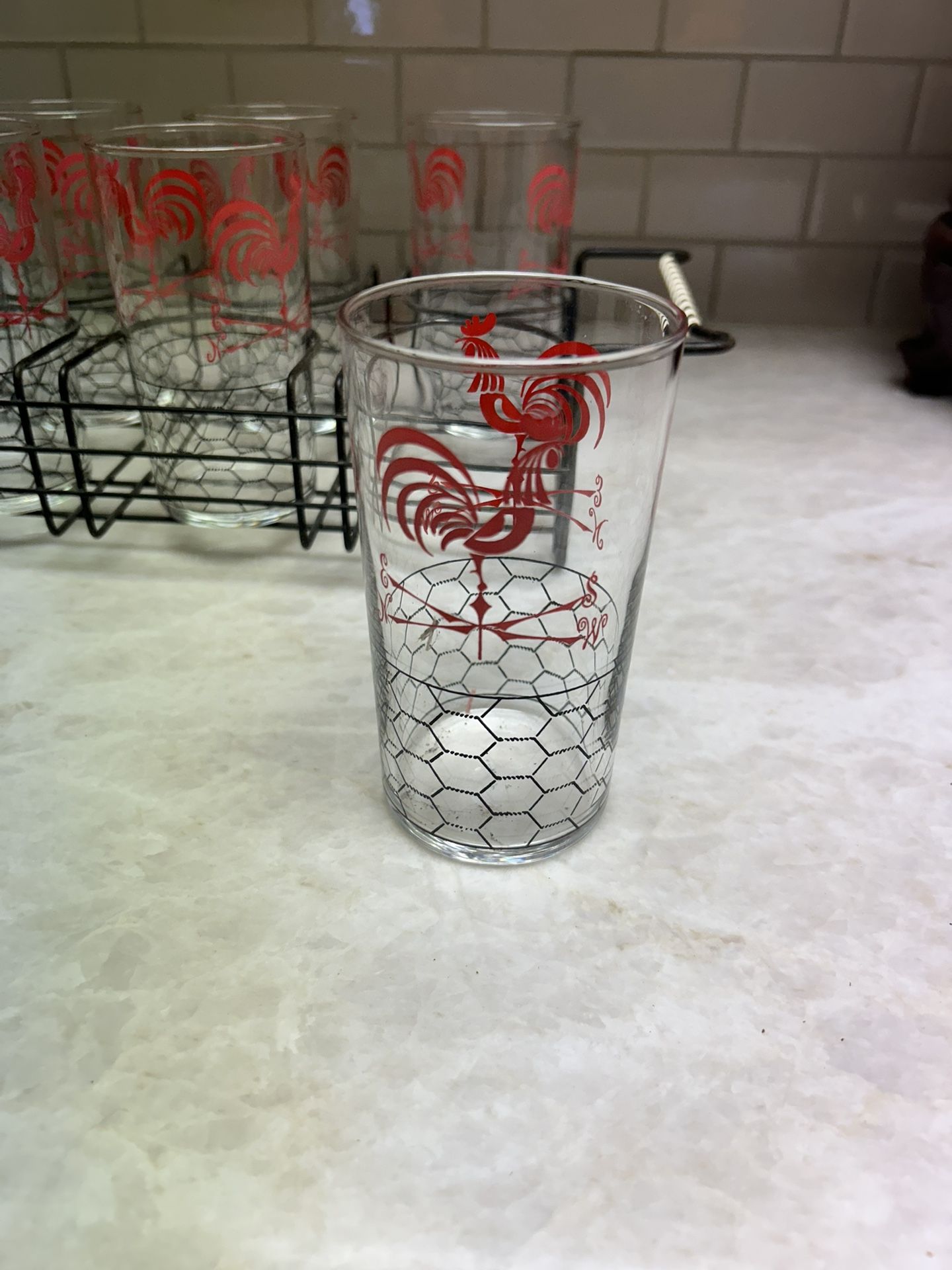 6 Vintage Libby Red Juice Glass Rooster Weathervane Chicken 5 Inch With Metal Carrier