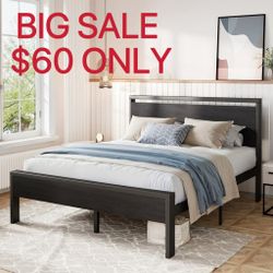 BIG SALE Full Size Bed Frame, Heavy Duty Metal Platform Bed with Wooden Headboard & Footboard, Black Oak, Adult