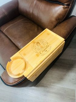 Bamboo Sofa Armrest Tray with Cup & Phone Holder