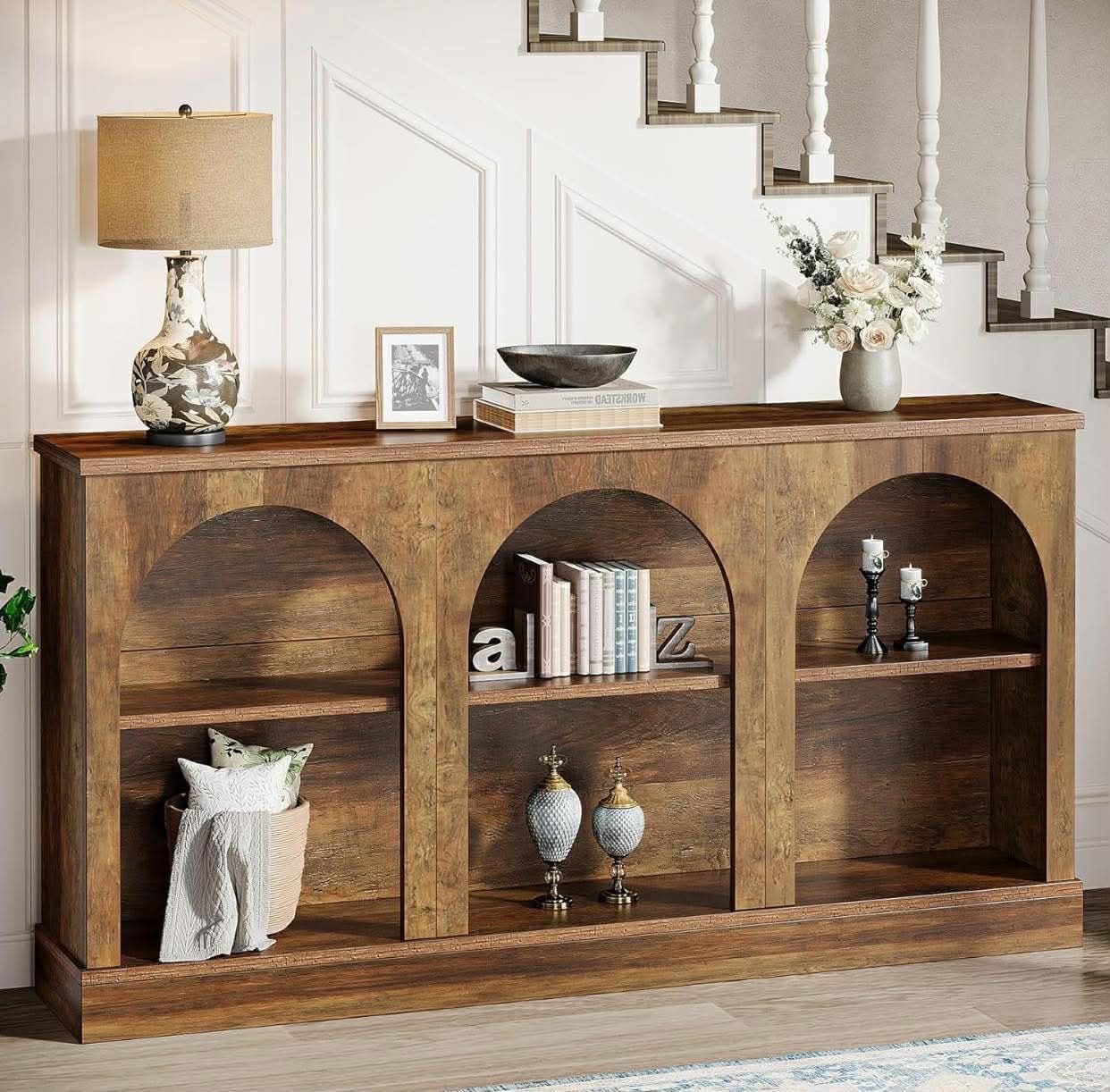 Farmhouse Console Table, 63-Inch Long Entryway Table with 3 Tier Storage, Wooden Rectangular Sofa Table Behind The Couch, Rustic Brown