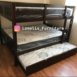 Full/Full/Twin Expresso Wooden Bunkbed w. Ortho Mattresses Included 