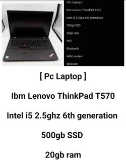Lenovo ThinkPad T570 
Intel i5 2.5ghz 6th generation 
500gb SSD
Wifi
Bluetooth 
64bit system
16gb ram 
Webcam 
Windows 11 pro