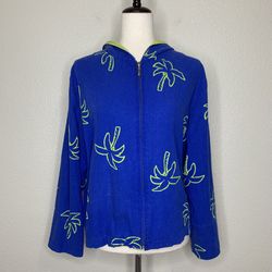 Erin London Linen Blend Vintage Blue Palm Trees Zip Up Hoodie