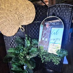 Boho Bridal Shower Decor- Black 3 Panel Room Divider, Large Boho Fan, Greenery, Gold Welcome Mirror