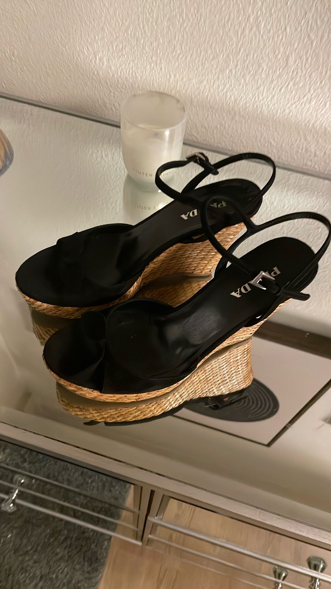 Prada Black Suede Bow Woven Wedge Sandals Size 39