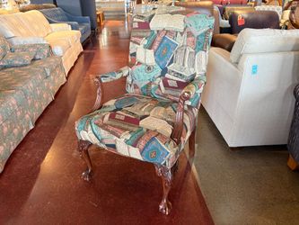 Queen Anne Style Book-Motif Pattern Accent Chair