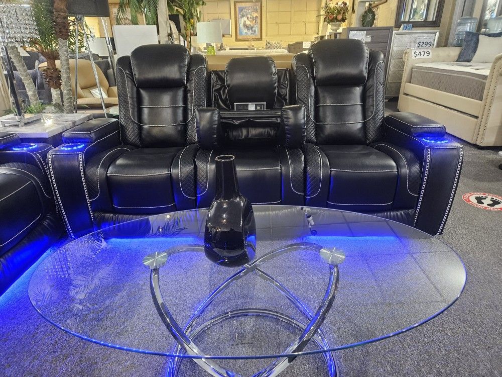 Brand New Black Bonded Leather Movie Theater Power Reclining Loveseat With Wireless Charging, Cup Holders, Storage Armrests