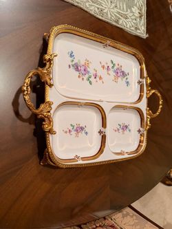 Vintage Porcelain Divided Serving Tray with Ornate Gold Trim