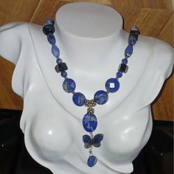 Vintage Sodalite Butterfly And Beads, 925ss Beads 23" Necklace 