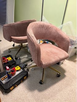 Corduroy Desk Chair with Wheels, Home Office Swivel Armchair with Gold Base, Back Incline Adjustable for Vanity Make-up