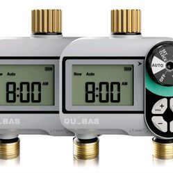 [2 Pack] QUOBAS 2 Zone Water Timer for Garden Hose, Automatic Sprinkler Timer with Dual Outlets, Heavy Duty Brass Fittings, Leak-Free, Programmable