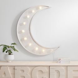 Large Crescent Moon Marquee Light Up Sign Thick Wood & Metal Illuminated Display