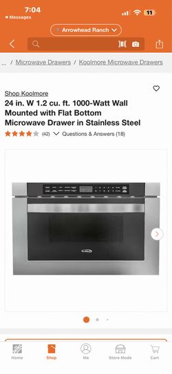 Shop Koolmore 24 in. W 1.2 cu. ft. 1000-Watt Wall Mounted with Flat Bottom Microwave Drawer in Stainless Steel