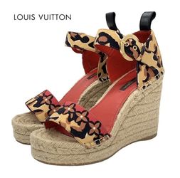 Louis Vuitton Sandals Brown Multicolor Canvas Leopard Print Wedge Sole Size 36