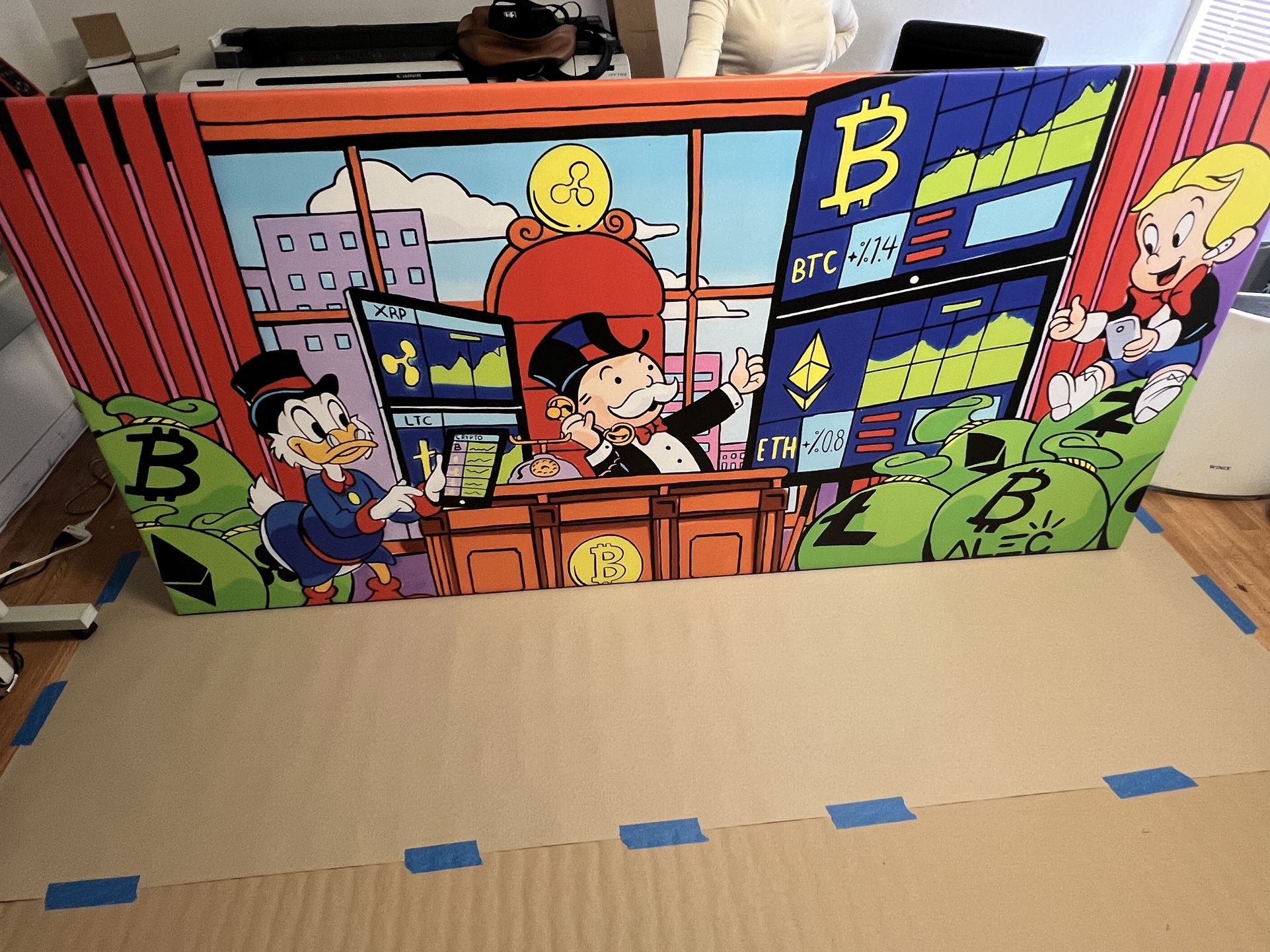 Alec monopoly canvas framed glow in the dark crypto market 45”x100” 2”  thick frame