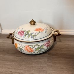 Gold Vintage Antique Pot Or Pan Soup Size Floral Detail Collectible  And Gold Bronze Copper Details Smoke Free Home 